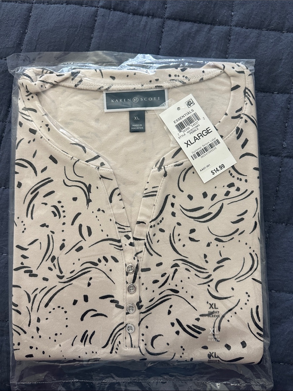 Karen Scott Beige Short Sleeve Henley with Black Abstract Print